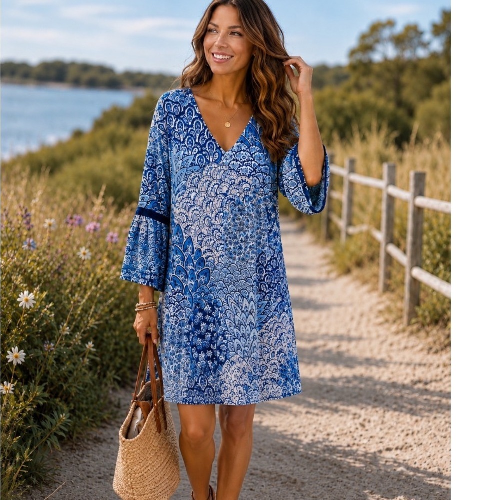 Westport  Dress Size Large Blue Shift 3/4 Sleeve Cottagecore boho